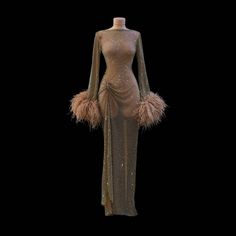 Pre-order Handmade Custom Crystal Hand Sewn Sheer Nude - Etsy Ostrich Feather Dress, Nude Dresses, Vegas Wedding Dress, Stone Dress, Backless Gown, Crystal Dress, Rhinestone Dress, Ostrich Feather, Feather Dress