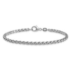 Rhodium over sterling silver polished wheat chain bracelet. Measures approximately 7 1/2"L x 1/8"W and comes with a fancy lobster claw clasp. Classic Charm Bracelet With Sterling Silver Clasp, Classic Charm Bracelet With Cable Chain, Classic Chain Bracelet With Lobster Clasp, Classic White Gold Oval Link Charm Bracelet, Classic White Gold Charm Bracelet With Sterling Silver Clasp, Classic White Gold Charm Bracelet With Lobster Clasp, Classic Sterling Silver Bracelet With Lobster Clasp For Everyday, Classic White Gold Charm Bracelet With Silver Clasp, Classic White Gold Chain Bracelet With Lobster Clasp