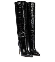 Make your choice of footwear the focal point of your look with these croc-effect knee-high boots from Paris Texas. Made from polished black leather, they arrive in a pull-on silhouette with narrow shafts. Style yours with glossy silk skirts for a contrast of textures. | Paris Texas Croc-effect leather knee-high boots Pink Knee High Boots, Heel Knee High Boots, Stiletto Heels Boots, Pu Boots, Paris Texas, Black Knee High Boots, Black Knees, Knee High Leather Boots, High Heel Boots