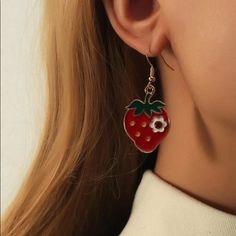 This Pair Of Fruit And Floral Earrings Is A Wonderful Addition To Your Wardrobe And Your Style! This Unique Pair Is Sure To Get Lots Of Compliments! Trendy Red Flower Earrings For Summer, Red Flower Earrings For Summer Party, Cute Silver Flower Earrings, Cute Single Earring Jewelry For Valentine's Day, Cute Flower Jewelry For Party, Cute Single Earring For Valentine's Day, Cute Flower-shaped Party Jewelry, Sweet Red Drop Earrings, Red Flower Earrings For Mother's Day Gift