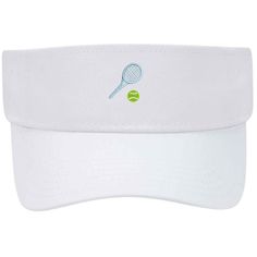 a white visor with a tennis racket and ball embroidered on the front side