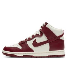 This Nike Dunk High “Team Red” features a Light Cream leather upper with Team Red overlays. Underneath, the same material is layered in white, matching that of the tongue as well as the lining but not the midsole and laces which prefer a more vintage-akin “Sail.” (SNKR/Skate/Women's/High Top/Wear-resistant) Nike Leather High-top Sneakers In University Red, Nike Leather High-top Sneakers With Red Sole, Classic Red High-top Sneakers With Red Sole, Nike Fashion Shoes, Team Red, Nike Dunk High, Dunk High, Nike Fashion, Light Cream