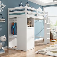 a child's bedroom with blue walls, white bunk bed and wooden flooring