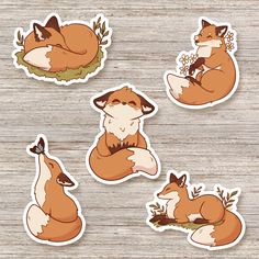 four stickers with different types of foxes on them, one is sitting and the other has