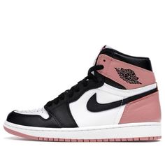 The Air Jordan 1 Retro High OG NRG 'Rust Pink' is a premium sneaker that offers the same iconic design as the Black Toe model, but with Rust Pink tones on the heel and outsole. The upper is crafted from premium leather, making this sneaker perfect for those who appreciate quality craftsmanship. This shoe was released exclusively in Miami during Art Basel 2017 alongside an 'Igloo' colorway, making it a highly sought-after edition of the Air Jordan 1. Whether you're a sneakerhead or simply appreci Sporty Mid-top Jordan Shoes With Gum Sole, Sporty Jordan Shoes With Gum Sole For Sports, Sporty Low-top Jordan Shoes With Gum Sole, Jordan High-top Shoes With Gum Sole For Streetwear, Sporty High-top Jordan Shoes With Gum Sole, High-top Sneakers With Gum Sole For Light Sports, Black Sneakers With Gum Sole For Light Sports, Black Sneakers For Light Sports With Gum Sole, High-top Running Shoes With Gum Sole For Streetwear