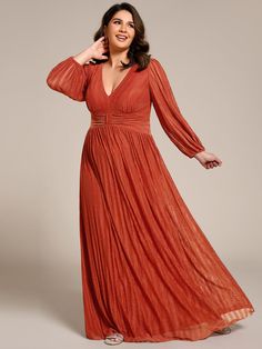 Plus Size Dazzling Empire Waist See-Through Long Sleeves A-Line Evening Dress #color_Burnt Orange Scene Fit, Plus Size Evening Dress, A Line Evening Dress, Burnt Orange Dress, Plus Size Formal Dresses, Evening Dresses Plus Size, Ever Pretty, Affordable Dresses, Formal Wedding