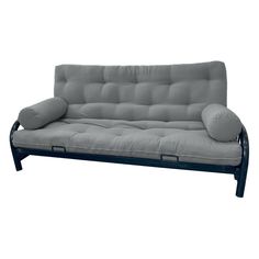 a gray futon sofa with pillows on it's back and armrests