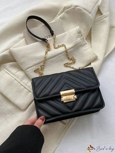 BirdinBag - Chic Black Chevron Quilted Mini Bag with Turn-lock & Chain Strap Gold Crossbody Shoulder Bag With Lock, Black Rectangular Satchel With Lock, Black Bags With Lock For Daily Use, Chic Black Shoulder Bag With Lock, Black Office Bags With Chain Detail, Black Shoulder Bag With Lock, Black Shoulder Bag With Lock For Everyday, Black Rectangular Shoulder Bag With Gold Chain, Chevron Quilt