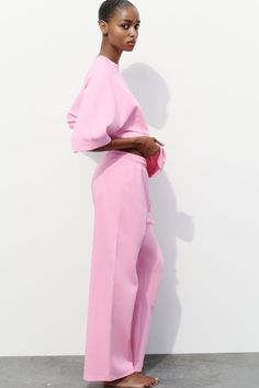 OVERSIZED INTERLOCK T-SHIRT - Pink | ZARA United States Spring Pink Boxy Fit Top, Pink Boxy Fit Top For Spring, Spring Loungewear Tops With Boxy Fit, Boxy Fit Tops For Spring Loungewear, Spring Boxy Fit Tops For Loungewear, Crochet Coat, Twin Set, T Shirt Oversized, Long Shorts