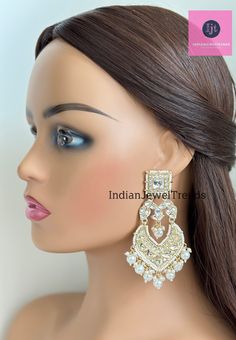 Deepika Padukone-inspired Bollywood Kundan Earrings/Indian/pearl Earring/Pakistani/Statement Earrings/Long chandelier/bridal/Indian wedding Indo Western Chand Earring With Gold Plating Pearl Earring Indo Western Earring Style 1 - length 4.5 width 2.25 inches  Style 2 - Height = 105 mm || Width = 74 mm Style 3 - Height = 97 mm || Width = 55 mm Style 4 Height = 84 mm || Width = 48 mm Arrives in a gift box Color, shades, and texture displayed may slightly vary from the actual product due to digital image limitations. We request you to consider these minor variations. Please expect the possibility of some slight imperfections when buying handmade jewelry. If you have any questions, please contact us. Bollywood Style White Bridal Earrings For Reception, Elegant White Chandelier Earrings With Stone Work, White Pearl Drop Bridal Earrings For Reception, White Chandbali Bridal Earrings For Reception, White Bollywood Chandelier Earrings For Reception, Heavy White Bridal Earrings For Reception, White Chandbali Pearl Earrings For Wedding, White Pearl Drop Chandbalis For Wedding, White Stone Work Chandelier Earrings For Wedding