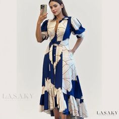 Lasaky - Irregular High-Waisted Shirt-Style Open Cardigan Dress with Floral Print High Waist Maxi Dress, Button Shirt Dress, Skandinavian Fashion, Laced Up Shirt, Lantern Sleeve Dress, Shirt Dress Casual, Floral Print Maxi Dress, Floral Print Maxi, Turndown Collar