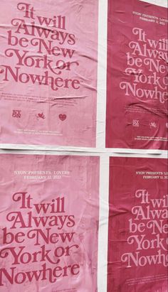 three pink and white posters with words on them