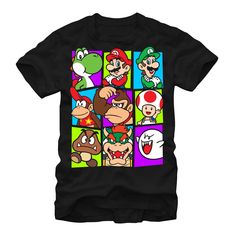 Your favorite cast of video game characters take centerstage on the Nintendo Mario Cast Black T-Shirt. Mario, Luigi, Toad, Yoshi, and the whole gang show their faces on this fun Nintendo tee, with bright colors on a durable cotton backdrop. Size: large. Gender: male. Age Group: adult. Pattern: Fictitious Character. Mario Shirt, Mario Luigi, Mens Graphic T, Black Graphic Tees, Friends Tshirt, Game Characters, Video Game Characters, Tee Outfit, Super Mario Bros