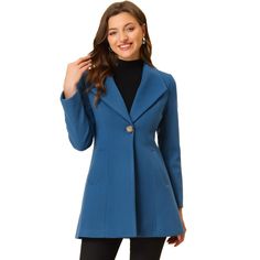 An elegant overcoat covered in a turn-down collar and full placket offers a charming look for day or night. Solid color and a turn-down collar bring casual elegance to a long-sleeved winter coat. Suitable for Casual, Business, Work, Dating, Weekend, Party, and Daily Wear. This classic winter mid-long overcoat is stylish and comfortable to wear, which is an essential overcoat for every modern woman and girl. Perfectly pair it with pants for a warm and business casual look, and style it with a lon Elegant Collared Fall Blazer, Solid Collared Pea Coat For Work, Collared Single Button Outerwear For Business Casual, Elegant Collared Outerwear For Work, Fall Season Semi-formal Collared Blazer, Semi-formal Fall Collared Blazer, Solid Single Breasted Collared Blazer, Single Breasted Collared Blazer, Collared Winter Formal Blazer