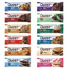 quest bars are stacked on top of each other with different flavors and toppings in them