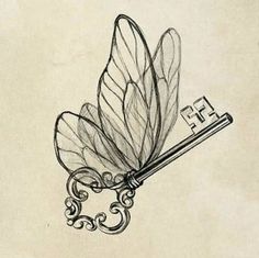 a pencil drawing of a butterfly with a key attached to it's wings and the letter f on its back