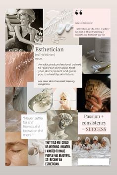 a collage of photos and text describing the benefits of cosmetic products for skin care