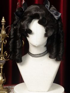 This wig features a unique design with Roman curls styled into twin tails and voluminous curly bangs. The curly bangs add a natural fluffiness that frames the face, making it look smaller and more delicate without appearing flat or lifeless. The Roman curls are crafted into twin tails, providing ample hair volume and a striking gothic lolita aesthetic with its black color. Elevate your look and exude an air of confidence with just a glance.  Price includes a wig and a pair of synthetic claw clip Gothic Hair, Drag Wigs, Double Ponytail, Gothic Hairstyles, Curly Bangs, Hair Volume, Black Curly, Curl Styles, Hair Tattoos