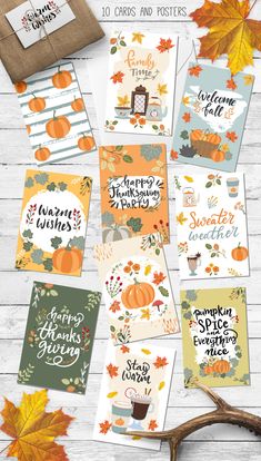 thanksgiving cards with autumn leaves and pumpkins