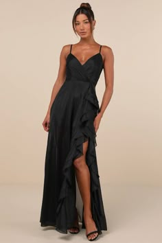 Black Surplice Maxi Dress - Ruffled Maxi Dress - Sleeveless Dress - Lulus Flowy Pre-draped Party Dress, Elegant Flowy Chiffon Dress For Party, Chic Fitted Chiffon Dress With Ruffles, Flowy Organza Evening Dress, Elegant Ruffled Maxi Dress For Prom, Fitted Chiffon Evening Dress With Ruffles, Flowy Dress For Gala And Prom Season, Chic Organza Dress For Gala, Flowy Ruffled Maxi Dress For Gala