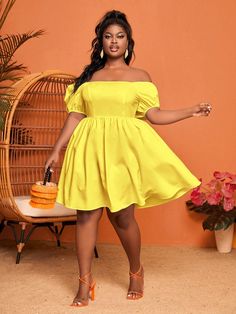 Amarillo Casual Collar manga corta Tela Liso A línea Embellished No-Elástico Verano Dress Short Plus Size, Yellow Gowns, Plus Size Women Fashion, House Outfit, Lace Dress Short, Yellow Lace Dress, Gowns Plus Size, Yellow Lace Dresses, Indiana Dunes