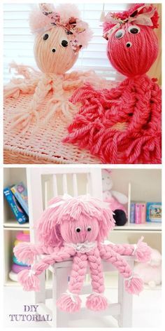 two different pictures of stuffed animals in pink and red colors, one with an octopus on it's head