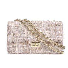 Buy Apricot Tweed Flap Square Handbags Shoulder Chain Bag Worldwide Free shipping and return, color: Nude , material: Fibre Designer Crossbody Bag, Tweed Bag, Sacs Design, Shoulder Strap Bag, Lv Bags, Designer Crossbody, Shoulder Chain, Crossbody Bag Women, Designer Crossbody Bags