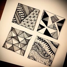 four black and white drawings on paper with one drawing in the middle, three are different shapes