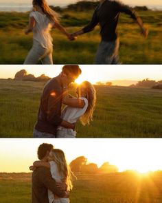 two people are dancing in a field at sunset and one is holding the other's hand