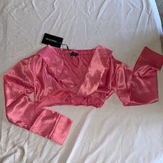 Never Worn Before Top. Was Not Flattering On Me, A Little Too Snug For My Chest. Trendy Pink Satin Top, Pink Crop Top For Spring Evening, Pink Evening Crop Top, Trendy Satin Top For Parties, Elegant Long Sleeve Pink Crop Top, Pink Cropped Top For Evening, Pink Satin Top For Evening, Pink Cropped Blouse For Party, Pink Crop Top Blouse For Party