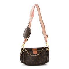 This is an authentic LOUIS VUITTON Monogram Multi Pochette Accessories in Rose Clair. This hybrid crossbody bag is crafted of monogram and mini monogram canvas in brown. The set features a pochette accessoires, a mini pochette, an adjustable pink jacquard shoulder strap with removable coin purse, and a chain strap for added versatility. The pochettes open to brown fabric interiors. The coin purse opens to an ivory crossgrain leather interior. Pochette Accessories, Brown Fabric, Leather Interior, Monogram Canvas, Authentic Louis Vuitton, Chain Strap, Louis Vuitton Monogram, Coin Purse, Crossbody Bag