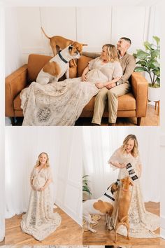 a couple sitting on a couch with their dogs and posing for pictures in front of them