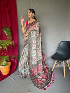 Kalamkari print soft cotton saree for women USA, designer saree with fancy tassels, wedding saree with rich pallu, elegant sari for function Saree Details:  Saree Color: 1) Cream 2) Green 3) Pink 4) Sky  Saree Length: 5.5 Meter Saree Fabric : Pure malai cotton  Saree Work :  digital print concept with elegant kalamkari patterns with contrast  big pallu with tassels  Blouse Details : Blouse Color: Matching. Blouse Length: 0.8meter Blouse Fabric : Running  Blouse Work : Plain Blouse wear by model Pallu Designs, Kalamkari Pattern, Saree Bridesmaid, Digital Saree, Saree Vintage, Saree Pallu, Bridesmaid Saree, Embroidered Sarees, Indian Designer Sarees