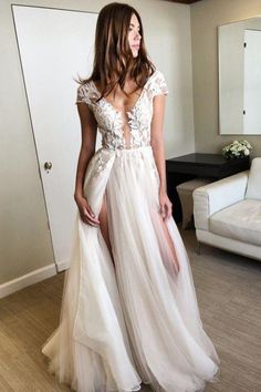 Plus Size Boho Wedding Dress With Sleeves | Vintage Lace A Line Wedding Dresses With Long Sleeves | Fairytale Wedding Dresses | A Line Wedding Dresses Plus Size | Long Dresses For Weddings | Simple Long Sleeve Wedding Dresses | Luxury Wedding Dresses | Cheap Wedding Dresses Online | Plus Size Boho Wedding Split Wedding Dress, Sukienki Maksi, Ivory Prom Dresses, Cap Sleeve Prom Dress, Prom Dresses 2017, V Neck Prom Dresses, Backless Wedding, Cap Dress, Capped Sleeves