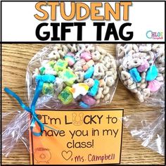 the student gift tag is attached to two bags with cereal in them and an orange sign that says i'm looky to have you in my class