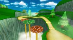 an animated landscape with mushrooms and trees on the side of a road that runs through a cliff