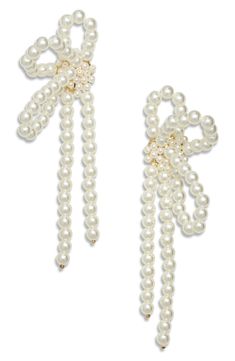 Luminous faux pearls shape these beautiful bow earrings that feel like a gift that keeps on giving every time you wear them. Faux pearl/goldtone plate Imported Gossip Girl Party, Cherry Pearl, Wedding Pearls, Preppy Accessories, Shopping Trolley, Bow Earrings, Pearl Wedding, Girl Party, Pandora Bracelet