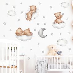 a baby's room with teddy bears and stars on the wall