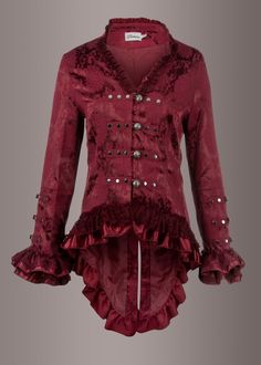 Cast a spell - this stunning brocade tail jacket is THE wardrobe staple you've been looking for!! This unique coat is crafted in a fabulous dark burgundy red floral damask fabric offering a beautiful cut. This victorian inspired jacket features beautiful stud decoration, ruffles on the seams and a decorative button closure in the front. The tailored fit as well as the ornate finish are just a few reasons that make this coat the perfect addition for your victorian, steampunk, gothic or simply fas Vampire Style Winter Party Outerwear, Victorian Style Long Sleeve Outerwear For Costume Party, Elegant Fall Outerwear For Larp, Victorian Outerwear For Costume Party In Fall, Victorian Outerwear For Fall Costume Party, Red Long Sleeve Outerwear For Costume Party, Red Gothic Outerwear For Winter, Red Gothic Winter Outerwear, Burgundy Long Sleeve Outerwear For Party