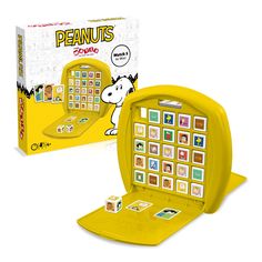 the peanuts game is in its yellow case and it's open to reveal an image