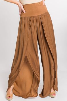 Split Pants, Bronze :: NEW ARRIVALS :: The Blue Door Boutique Brown Ankle-length Harem Pants With Elastic Waistband, Loosely Fitted Brown Bottoms With Elastic Waistband, Brown Bottoms With Elastic Waistband And Loosely Fitted Hips, Brown High-waisted Harem Pants With Elastic Waistband, Brown Harem Pants With Elastic Waistband, Brown Stretch Ankle-length Wide Leg Pants, Chic Solid Color Bottoms With Split Design, Casual Stretch Bottoms With Split, Casual Stretch Bottoms With Split Design