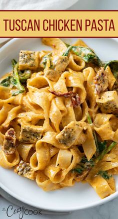 tuscan chicken pasta on a white plate with pappardelle pasta, bacon, spinach and chicken Pappardelle Recipe, Pasta One Pot, Seasoned Chicken, Tuscan Chicken, Favorite Recipes Dinner, Pasta Dinners, Pasta Dinner Recipes, Chicken Pasta Recipes