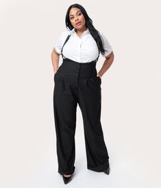 Unique Vintage Plus Size Black & White Pin Stripe Thelma Suspender Pants - Unique Vintage - Womens, BOTTOMS, PANTS Plus Size Business Attire, Uv Clothing, Inspired Clothes, Couples Costume, Vintage Plus Size, Curvy Barbie, Look Plus Size, Digital Fashion, Suspender Pants