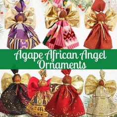 an image of african angel ornaments in different styles and colors on display with text overlay