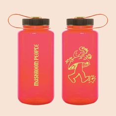 two red water bottles with yellow graphics on them, one is empty and the other has a black lid