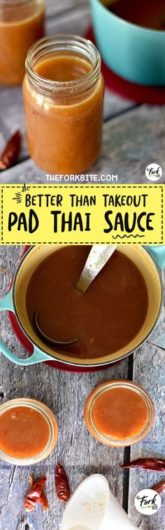 there is a spoon that is in a pan with sauce on it and the words, better than takeout pad that sauce