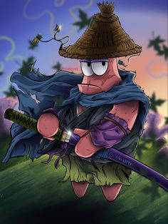 A drawing of Patrick star from spongebob dressed as a samurai with 2 scars on his face on above the lip and another on his left cheek he’s wearing a tattered cape and a straw like hat and some traditional Japanese samurai clothing and also he’s wield his katana with his left hand and the other on the handle of the sword Wandering Samurai, Spongebob Fanart, Japanese Art Samurai, Trippy Cartoon, Cartoon Crazy, Cartoon Character Tattoos, Military Drawings, Love Animation Wallpaper