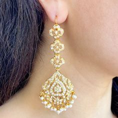 gold plated long earrings Jadau Earrings, 22k Gold Jewelry Necklaces, Silver Pearl Jewelry, Gold Jewellry, 22k Gold Jewelry, Hanging Beads, Pearl Necklace Set, Gold Jewelry Necklace, Gold Bangle Bracelet