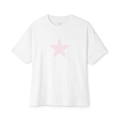 Gingham Pink Star Trendy Relaxed Fit T-shirt With Star Print, Oversized Star Print Summer Tops, Oversized Star Print T-shirt For Streetwear, Casual Relaxed Fit Tops With Star Print, Trendy Boxy T-shirt For Everyday Wear, Trendy Boxy Fit T-shirt For Loungewear, Summer Star Print Top For Loungewear, Star Print Relaxed Fit Top For Loungewear, Relaxed Fit Star Print Top For Loungewear