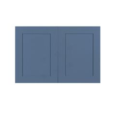 a blue wall cabinet with two doors on the front and one door in the back